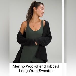 lululemon Black Merino Wool-Blend Ribbed Long Wrap Sweater Cardigan size 4